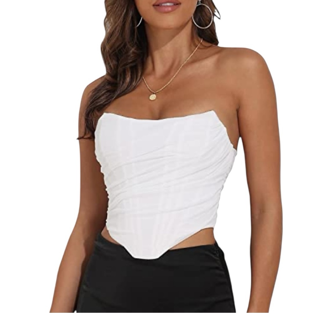 Strapless Open Back Boned Mesh Bustier Zip Back Corset Crop Top White Size 2 - 4